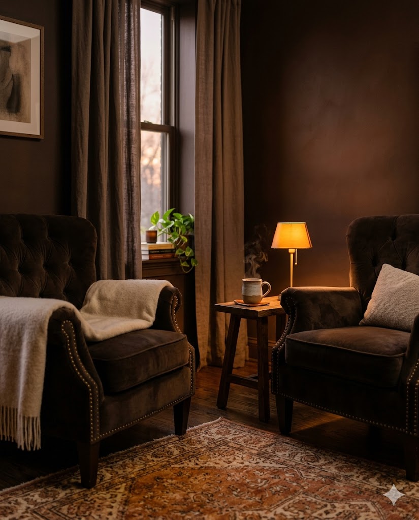 Two plush armchairs in a dimly lit, intimate room with warm lamplight - a confidential listening space